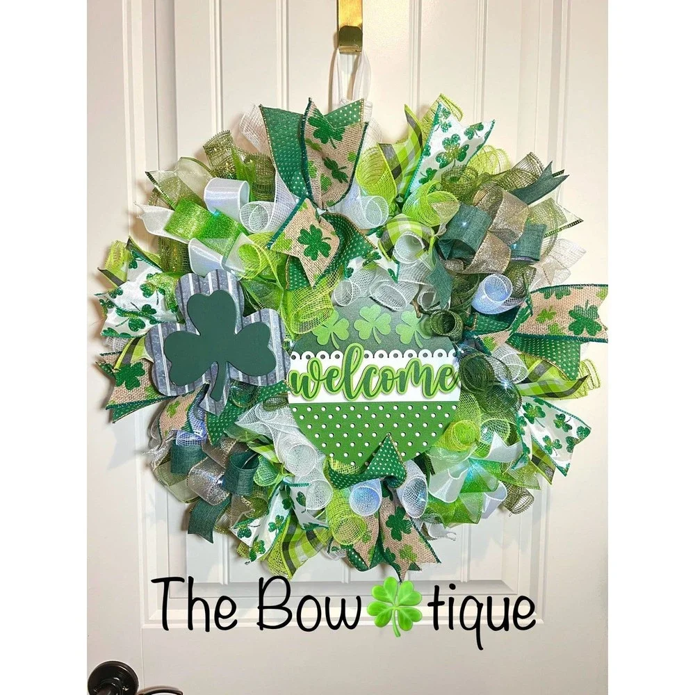Handmade St. Patrick’s Welcome Ribbon Prelit Wreath 22 ins LED W6